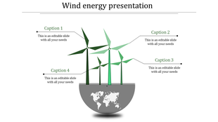 Wind energy presentation slide with a globe and wind turbines, representing sustainable energy solutions with captions.