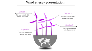 Wind turbines in shades of purple atop of a gray hemisphere with a white world map, connected to four captions.