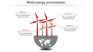 Wind energy infographic featuring four red wind turbines on a gray globe base, with numbered captions linked to each turbine.