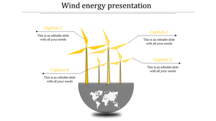 Wind energy presentation slide with yellow turbines on a globe, showcasing renewable energy concepts.