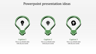 Three lightbulb icons in green, each representing a different concept with corresponding icons inside the bulbs.