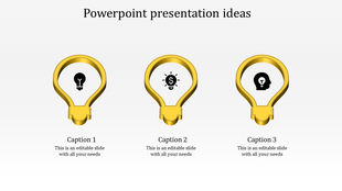 Three gold lightbulb icons showcasing ideas, financial growth, and innovation concepts for presentations.