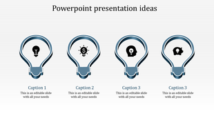 Minimal layout showing four bulb-shaped graphics, each holding a distinct placeholder icon for presentation ideas.