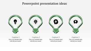 Row of four green lightbulb shapes featuring black icons and captions underneath for a presentation layout.