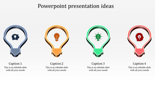 Light bulb shaped icons in different colors concepts such as ideas, finance, and innovation, arranged with captions areas.
