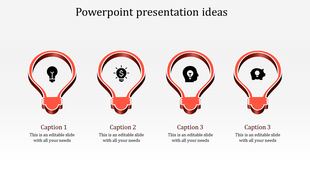 Four red lightbulb icons aligned horizontally, each representing a concept with captions below on a white background.