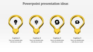 Horizontal layout of four yellow lightbulb graphics with icons inside and captions describing each idea below.