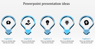 Minimal design of five stylized lightbulbs in varying blue tones, each housing a black idea-related symbol.