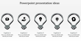 Slide with five bulb-shaped graphics in grayscale, each featuring a unique icon to illustrate different presentation ideas.