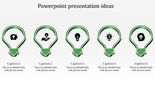 Five green lightbulb icons with varied symbols inside, aligned horizontally on a white background.