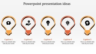 Five yellow and orange lightbulb icons with varied symbols inside, aligned horizontally on a white background.