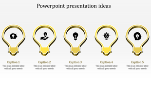 Gold light bulb icons represent various concepts like savings, ideas, creativity, finance, and innovation with captions.