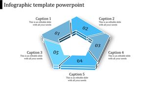 Blue pentagonal infographic slide with five numbered sections and captions for custom text placement.