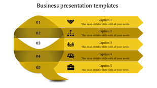 Business presentation template with five numbered sections and icons for various processes and objectives.