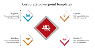 Corporate template with a red diamond center, surrounded by smaller blue, orange, yellow, and pink with captions.