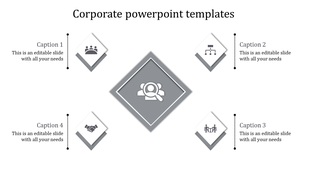 Corporate PowerPoint template with a central icon and four gray captions arranged symmetrically.