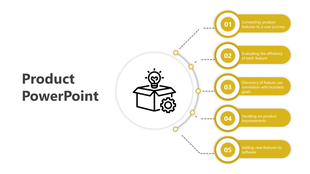 Product PowerPoint slide showing five steps in product evaluation with yellow icons for each stage.