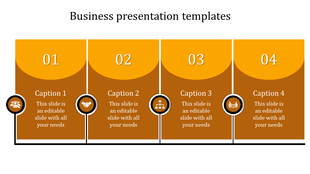 Four step business presentation slide in orange tones, featuring icons, numbers, and text boxes.
