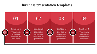 Business presentation template with four red sections, each labeled with a number and a caption.
