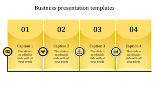 Four step business presentation template with numbered yellow sections, captions, and circular icons at the bottom.
