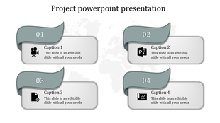 Infographic design featuring four gray ribbon banners with icons and captions over a global map background.
