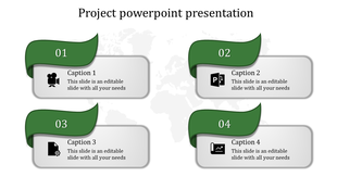 Project PPT slide with four sections, each labeled with icons and captions for video, PowerPoint, document, and analytics.