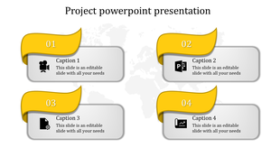 Project PowerPoint slide with four sections, each featuring icons for video, PowerPoint, documents, and analytics.