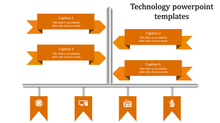 Technology themed layout with four orange ribbon captions and icons hanging from a metallic horizontal bar.