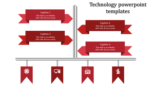 Technology PowerPoint template with red banners and icons, including a microchip, computer, radio, and robot with captions.