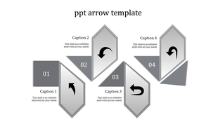 Arrow template with five gray and silver arrow-shaped boxes showing numbered steps placed in white backdrop.