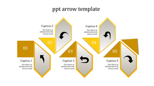 Arrow template with five gold and yellow arrow-shaped boxes showing numbered steps placed in white backdrop.