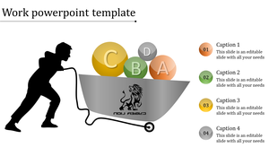 PowerPoint template with a silhouette of a worker pushing a wheelbarrow with colorful balls labeled A, B, C, and D.