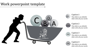 Work infographic style template with a person pulling a wheelbarrow, containing colored spheres labeled A, B, C, and D.