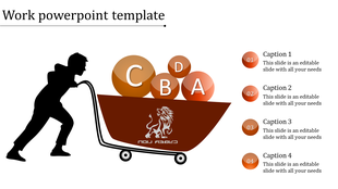 Work PowerPoint template showing a person pushing a wheelbarrow with colorful spheres labeled A, B, C, and D.