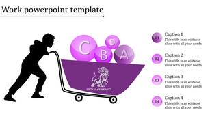 Work template featuring a person pushing a wheelbarrow with purple spheres, next to four color-coded captions areas.