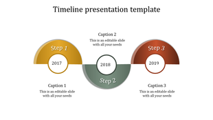 Timeline template with three semicircles in gold, green, and red, representing years for 2017, 2018, and 2019.