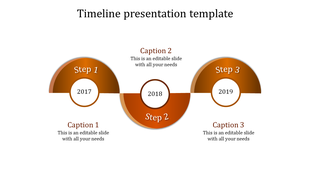 Curved timeline template featuring brown gradient-filled semi-circular steps, showing years 2017 to 2019 with caption areas.