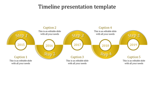 Timeline template with semi circular yellow segments for steps, labeled with years 2015 to 2019, and captions.