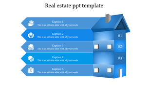 Real estate PPT slide with a house and five sections representing different stages or concepts in real estate with caption.