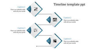 Timeline with four diamond shapes in blue and white, connected by lines and captions aligned on alternate sides.