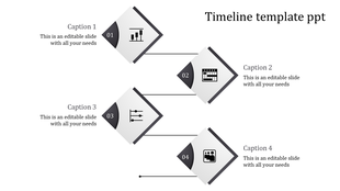 Timeline PPT template with four icons in black and gray representing a graph, calendar, slider, and team with captions.