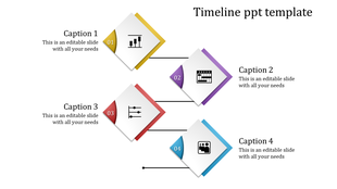 Timeline PPT slide featuring four colored diamond icons representing a graph, calendar, slider, and team with captions.