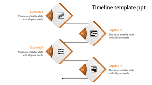 Business timeline template with four staggered diamonds containing step numbers, icons, and caption areas.