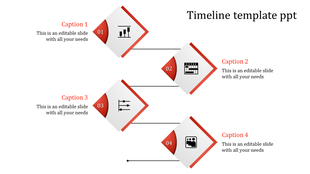 Timeline PPT template featuring four red diamond icons representing a graph, calendar, slider, and team with captions.
