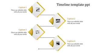 Yellow and white diamond shaped timeline design with icons, four numbered steps, and captions placed alternately.