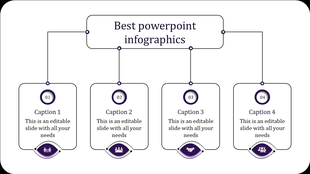 Slide design featuring four purple highlighted sections, each connected to the title with lines and containing icons.