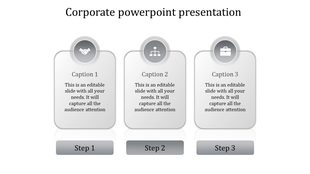 Three gray rectangular cards with rounded edges displaying captions, icons on top, and steps labeled below.