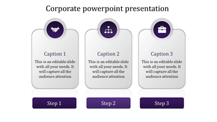 Corporate slide with three vertically aligned glossy gray boxes, each featuring a purple circular icon at the top.