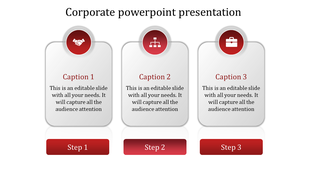 Three vertical cards with red circular icons on top, labeled with captions and step buttons at the bottom.