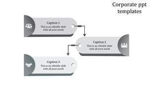 Corporate PowerPoint template with sections and arrows pointing downwards, each with an icon and description in grayscale.